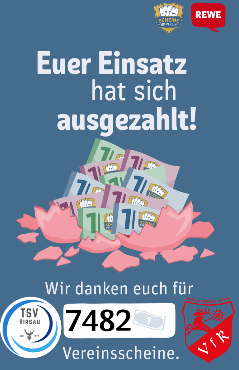 REWE-Aktion ‚Scheine für Vereine‘ mit Schriftzug ‚Euer Einsatz hat sich ausgezahlt!‘ und Logos des TSV Hirsau und VfR Hirsau/Ernstmühl – insgesamt 7482 Vereinsscheine gesammelt.“