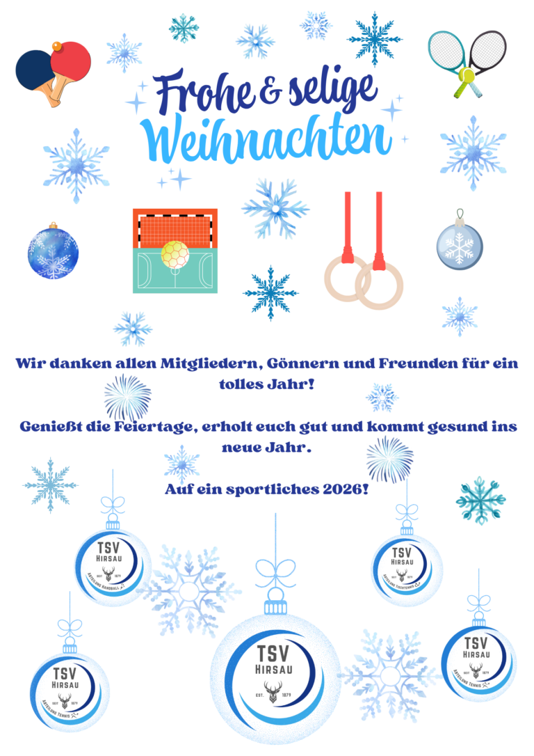 Weihnachtsgruß des TSV Hirsau mit festlicher Illustration, Schneeflocken und sportlichen Motiven.