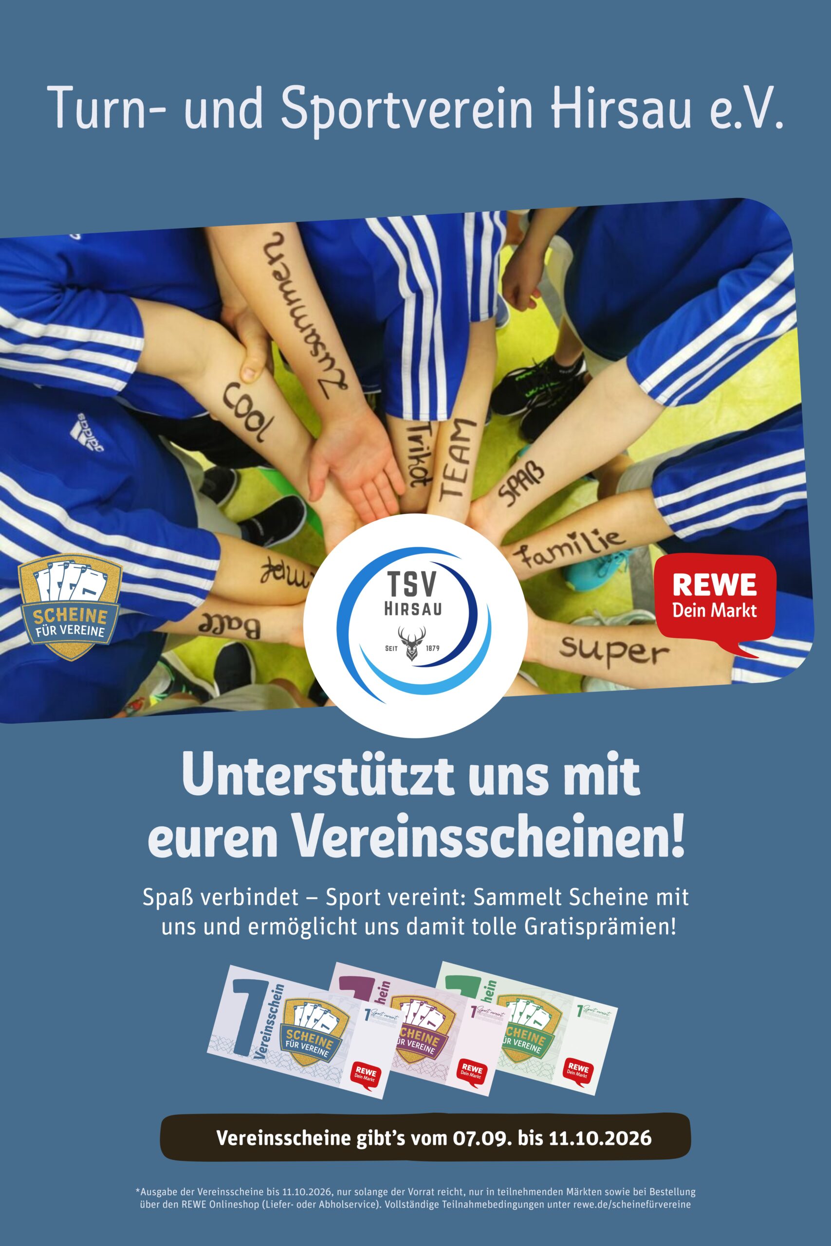 Plakat: TSV Hirsau sammelt Scheine für Vereine – Vereinsscheine gibt es vom 07.09. bis 11.10.2026