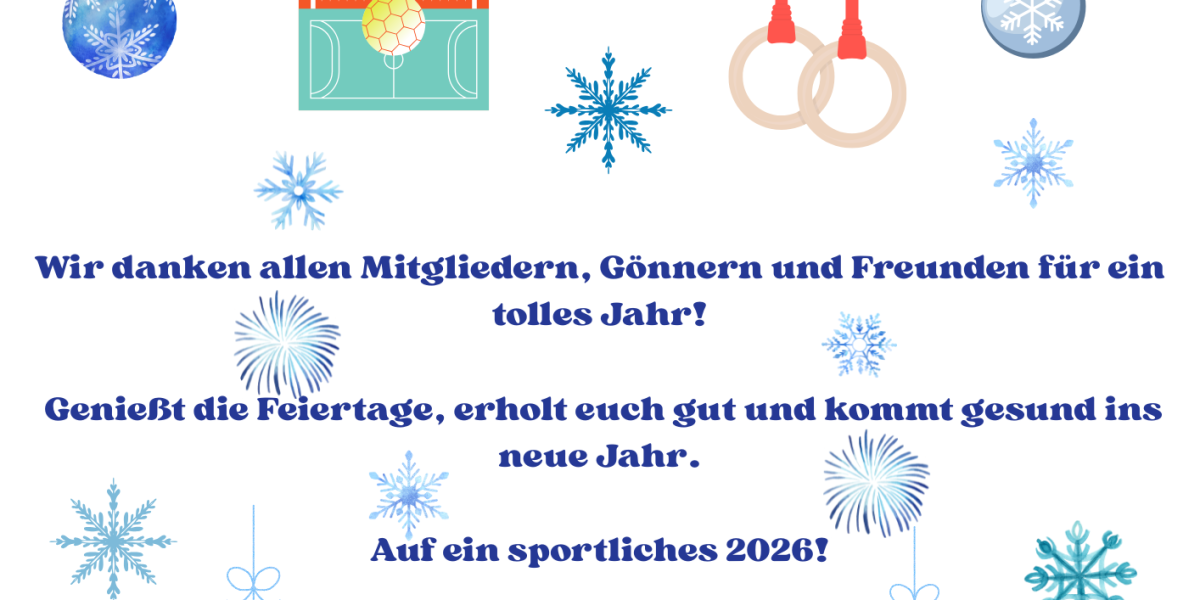 Weihnachtsgruß des TSV Hirsau mit festlicher Illustration, Schneeflocken und sportlichen Motiven.